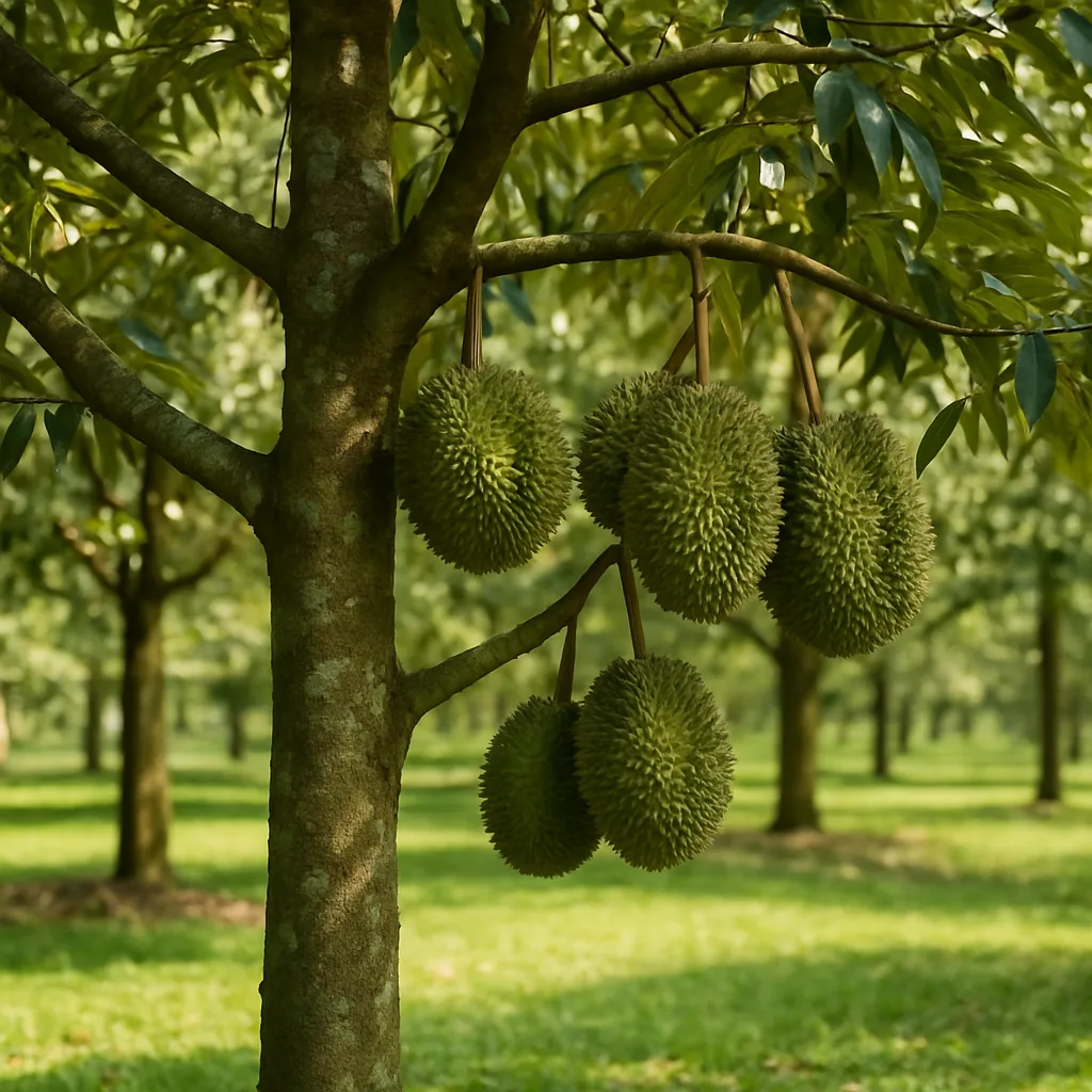 สวนทุเรียนที่มีผลห้อยบนต้น